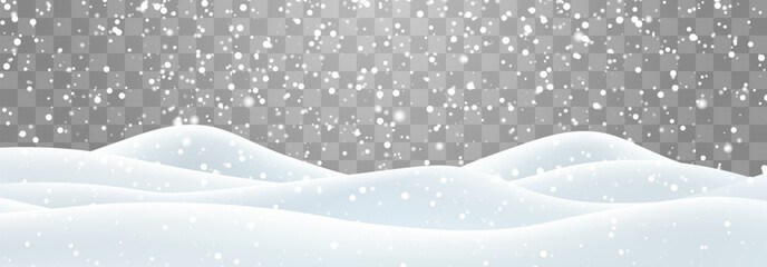Vector heavy snowfall with snowbanks field. Snow landscape decoration, frozen hills isolated on png background. Snow flakes, snow and blizzard falling on snowdrifts. Christmas vector illustration