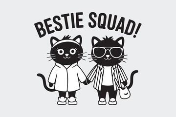 Bestie Squad Cute Black Cats Fashion illustration Vector