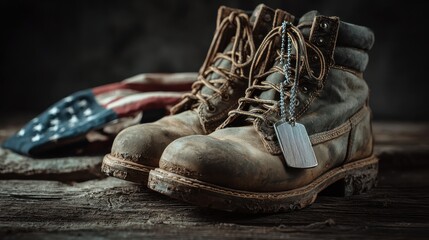 closeup of military boots dog tags and a folded american flag on a wooden surface soft lighting concept of sacrifice honor and remembrance on memorial day