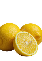 Three vibrant yellow lemons, one sliced revealing glistening pulp and golden juice droplets mid-drip, isolated on a transparent background with shadow. Concept of refreshing vibrancy