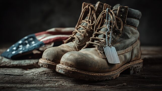 closeup of military boots dog tags and a folded american flag on a wooden surface soft lighting concept of sacrifice honor and remembrance on memorial day