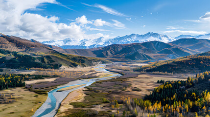Mountain valley with river and autumn trees
