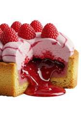 A macro shot of a gourmet golden-brown fruit tart, ruby-red raspberry compote sensuously oozing, complemented by pale lavender cream and blueberry coulis, on a clean transparent background, concept of