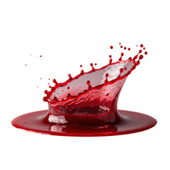 Photorealistic macro of vibrant crimson berry coulis splashing, ruby-red droplets suspended in air, thick and syrupy on a transparent studio background, fluid dynamics concept