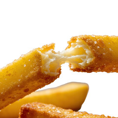 Golden-amber french fries, one snapped open at eye-level revealing steaming, pillowy interior, crisp exterior with salt and oil, on transparent background. Concept of irresistible food texture