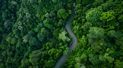 Winding road through dense forest