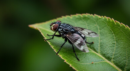 Naklejka premium Close-up of a fly perched on a green leaf, showcasing intricate details of its body.