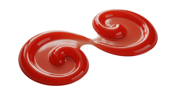 Vibrant scarlet red liquid, high-gloss and viscous, in an S-shaped pattern, ultra-macro, on transparent, wet-look sheen, showcasing fluid dynamics with dramatic studio lighting, concept of scientific