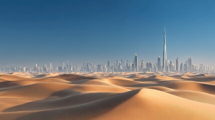 stunning dubai skyline rising from desert dunes against clear blue sky modern architecture