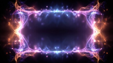 An abstract, luminous rectangle of swirling energy, with a dark center and glowing edges in pinks/blues