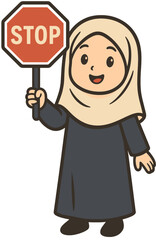 Cute Muslim Girl in Hijab Cartoon Holding Stop Sign