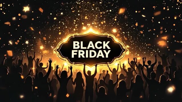 bundle pack of The crowd is celebrating Black Friday with golden sparks flying over them with great excitement and hope.