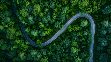 Winding road through dense forest