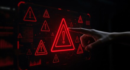 Cyber security alert on digital interface with glowing red warning signs