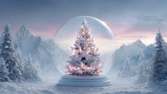a captivating digital illustration of a festive christmas tree adorned with sparkling lights beautifully encased within a clear snow globe amidst a serene snowcovered winter wonderland landscape - Powered by Adobe
