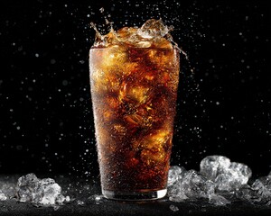 Glass Of Sparkling Dark Brown Soda With Ice Cubes Against Black Background
