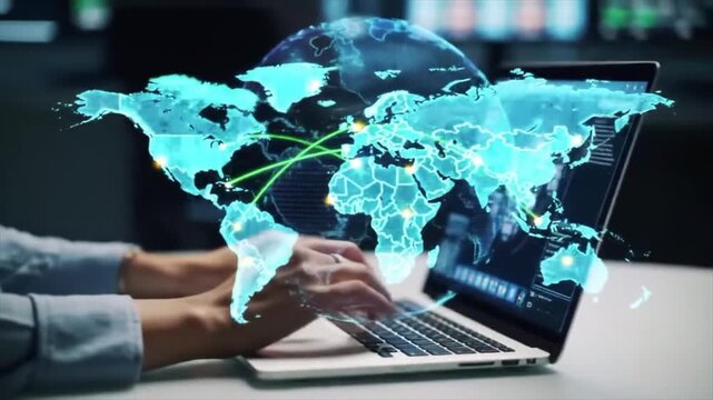 AI agent optimizing global supply chain routes on a holographic map. 