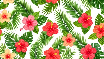 Seamless palm leaves and hibiscus pattern, tropical vector style