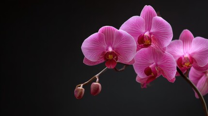 Naklejka premium Stunning photo of beautiful pink orchid flower blooming on a dark background in studio shot.