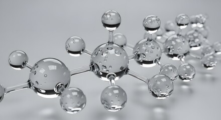 A Photorealistic 3D Rendering of Interconnected Glass Spheres with Specular Highlights and Delicate Water Droplets on a Softly Blurred, Light Grey Background, Emphasizing Translucency and Scientific