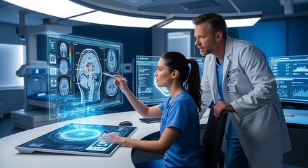 Ai and human teamwork.  woman scanning inventory in grocery store with augmented reality interface