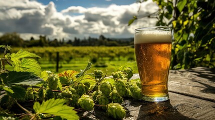 Golden Beer in Pint Glass with Fresh Hops and Rural Landscape