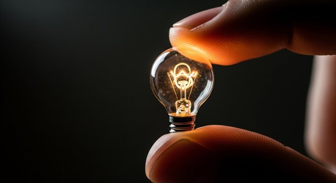 Illuminated miniature bulb held by fingers, sparking a bright new idea