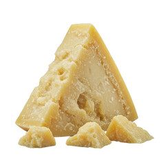 Monumental wedge of aged Parmigiano-Reggiano cheese, freshly fractured, shimmering crystals, granular texture, on solid transparent background, concept of gourmet quality