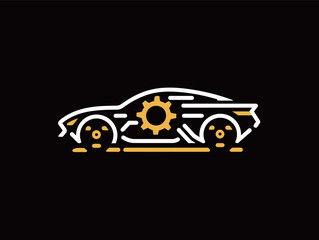 A sleek design of a car silhouette is combined with a gear symbol, showcasing motion and mechanics on a black background, emphasizing automotive themes and innovation.