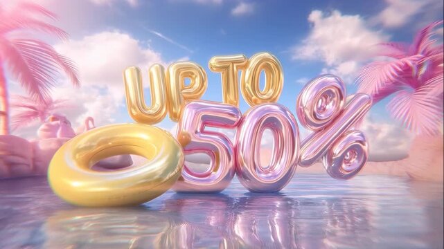 bundle pack of Captivating summer sale promotion. With shimmering gold and pink balloons set against a backdrop of tropical paradise and a clear sky.