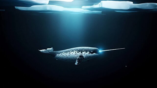 An arctic narwhal, the 'unicorn of the sea,' glides through the dark depths, its iconic tusk illuminated by a solitary beam of light piercing through the overhead ice formations