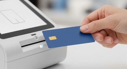 Modern retail commerce facilitated by a hand inserting a blue payment card into an electronic transaction device for purchase