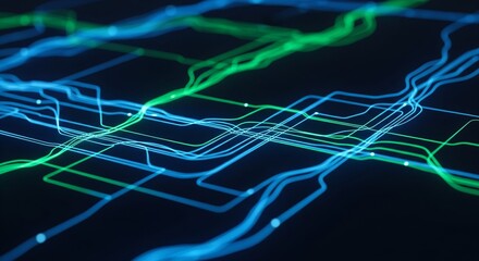Abstract visualization of dynamic digital network pathways with glowing blue and green data streams, symbolizing interconnected technology, global communication, and intricate data flow