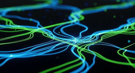 Abstract visual of intertwined luminous blue and green lines depicting digital information exchange and futuristic networks