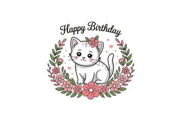 Cat with Floral Wreath illustration Vector