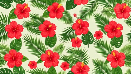 Seamless palm leaves and hibiscus pattern, tropical vector style