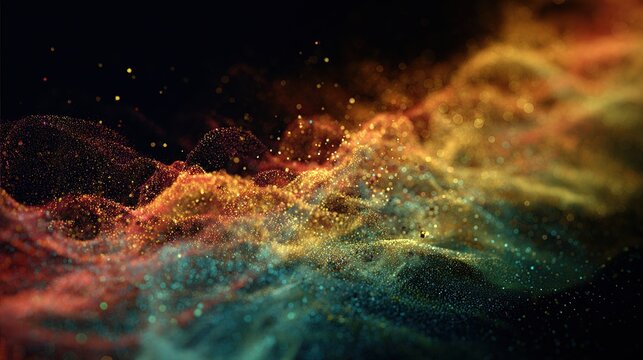 Abstract waves Gold, red and blue particles blend in blurred background
