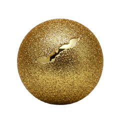 Extreme macro shot of a spherical Christmas bauble, iridescent gold glitter peeled back revealing metallic gold base, isolated on transparent, dazzling luxury product showcase