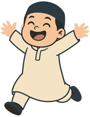 Happy Muslim Boy Cartoon Jumping with Joy | Islamic Kid Illustration