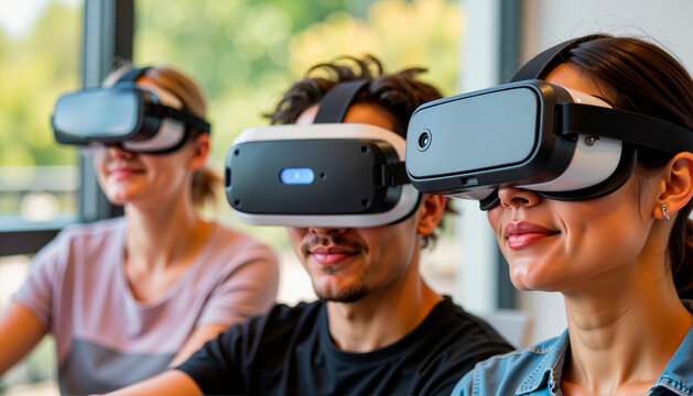 Group of three diverse students exploring virtual reality with virtual reality headsets in modern tech lab, innovation
