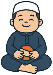 Cute Muslim Boy Cartoon Sitting with Ball | Islamic Kid Illustration