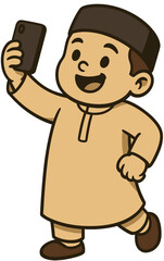 Muslim Boy Cartoon Taking Selfie | Cute Islamic Kid Illustration