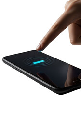 Sleek, ultra-detailed black smartphone with polished camera on transparent background, clean fingertip hovering above glowing UI, high-tech product interaction concept