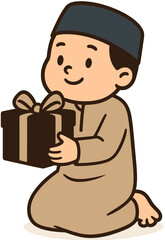 Muslim Boy with Gift Cartoon | Islamic Child Giving Present Illustration