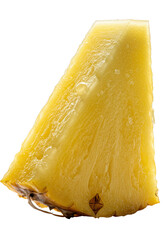 Thick, freshly cut vibrant golden yellow pineapple slice with translucent flesh, fibrous pulp, sugar pockets, juice beads, rind, isolated on transparent, concept of juicy fruit texture