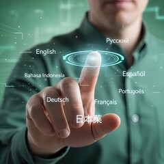 Persons Hand Interacts with a Glowing Digital Interface, Selecting Multi language Options for Global Communication, Showcasing Advanced Future Technology