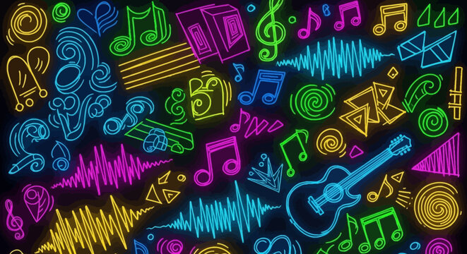 A vibrant neon abstract illustration celebrating the universal language of music with diverse symbols and soundwave patterns