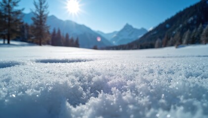 Close-up photo showcases snow texture. Bright sun shines above the snowy landscape. Background reveals mountains trees and clear blue sky. Scenic winter day outdoor adventure scene.