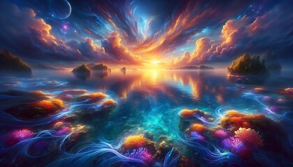 Fototapeta premium glowing sunset over a magical ocean with coral reefs, islands, and dreamy sky colors.