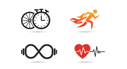 Dynamic vector sport icons illustrate fitness concepts, featuring a cycling wheel clock, a runner's flame, an infinity dumbbell, and a rhythmic heartbeat track.